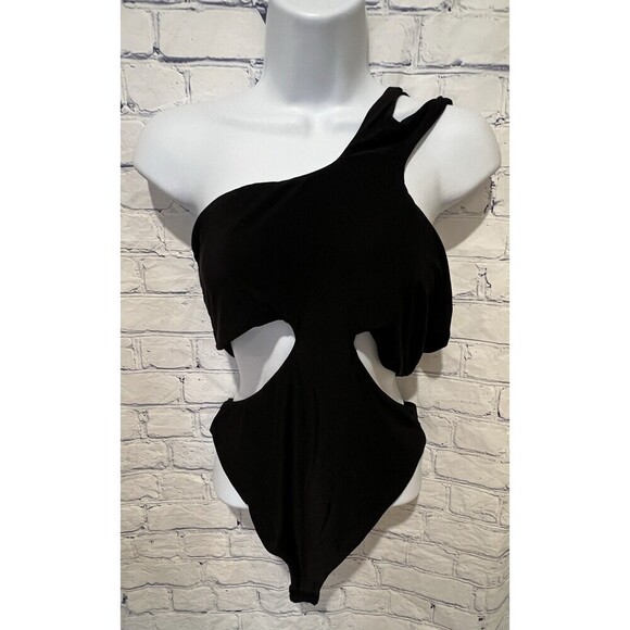 Club London black silky one shoulder cut out one piece bodysuit Size 10 - Picture 1 of 6